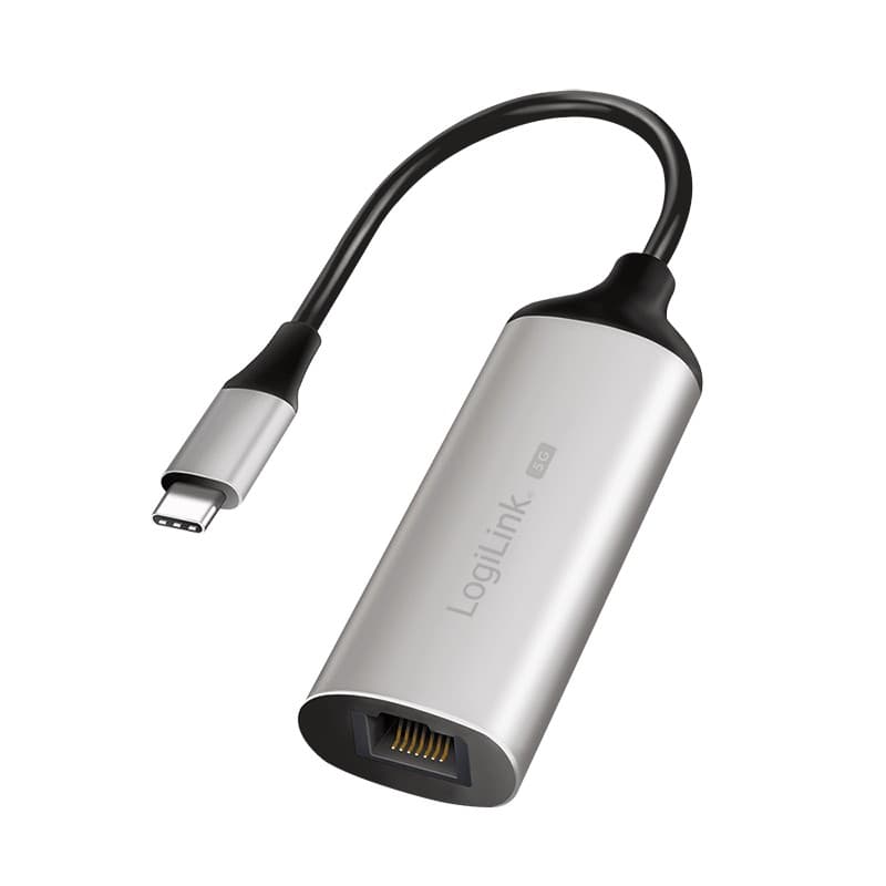 Silver aluminum LogiLink USB adapter with a USB-C connector and a 5G Gigabit Ethernet port, featuring a flexible black cable.