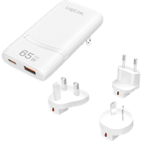LogiLink white USB travel charger, 65W, with USB-AF and USB-CF ports, includes multiple plug adapters.