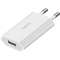 White LogiLink USB wall charger, 1 port, USB-AF, 5W, with two round prongs and sleek rectangular design.