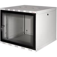 White LogiLink wall-mounted rack cabinet with glass door and lock, vented top panel, and sturdy metal construction.