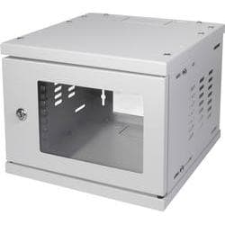 Grey 4U wall-mounted rack cabinet by LogiLink, featuring a metal construction, a transparent front panel, ventilation slots, and a lockable door for secure equipment storage.