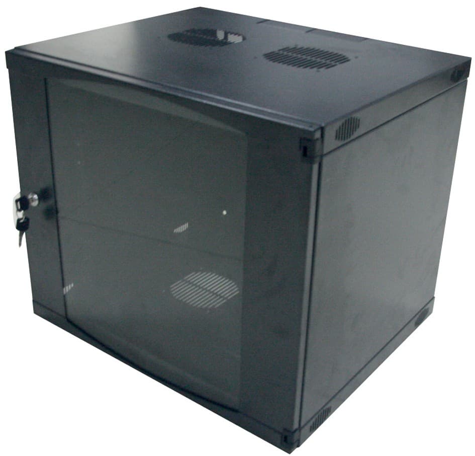 Grey 9U network equipment chassis with a glass front door, ventilation slots on top, and a lockable design, made from sturdy metal for durability.