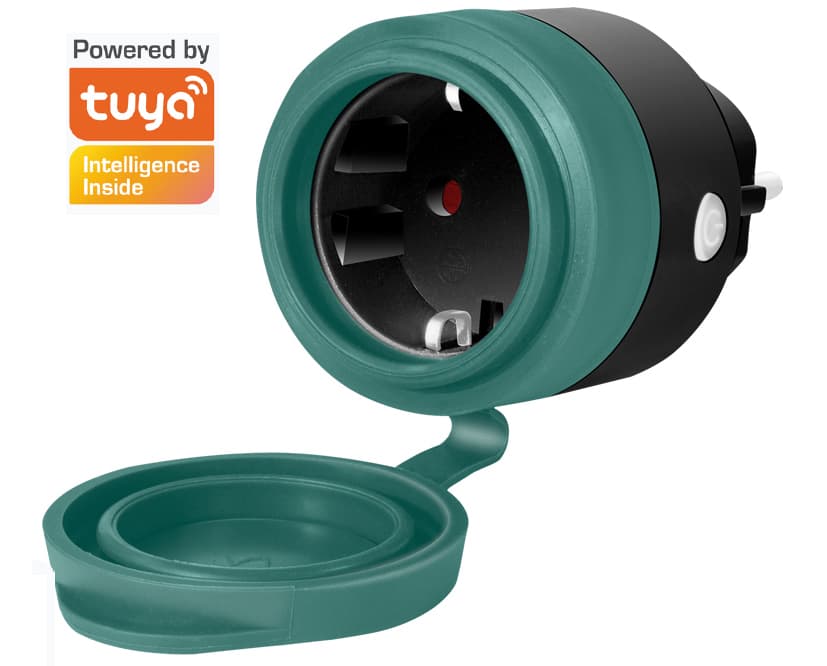 LogiLink WiFi Outdoor Smart Plug in black and green, featuring a CEE 7/3 socket with a protective cover, and a Tuya logo indicating smart compatibility.