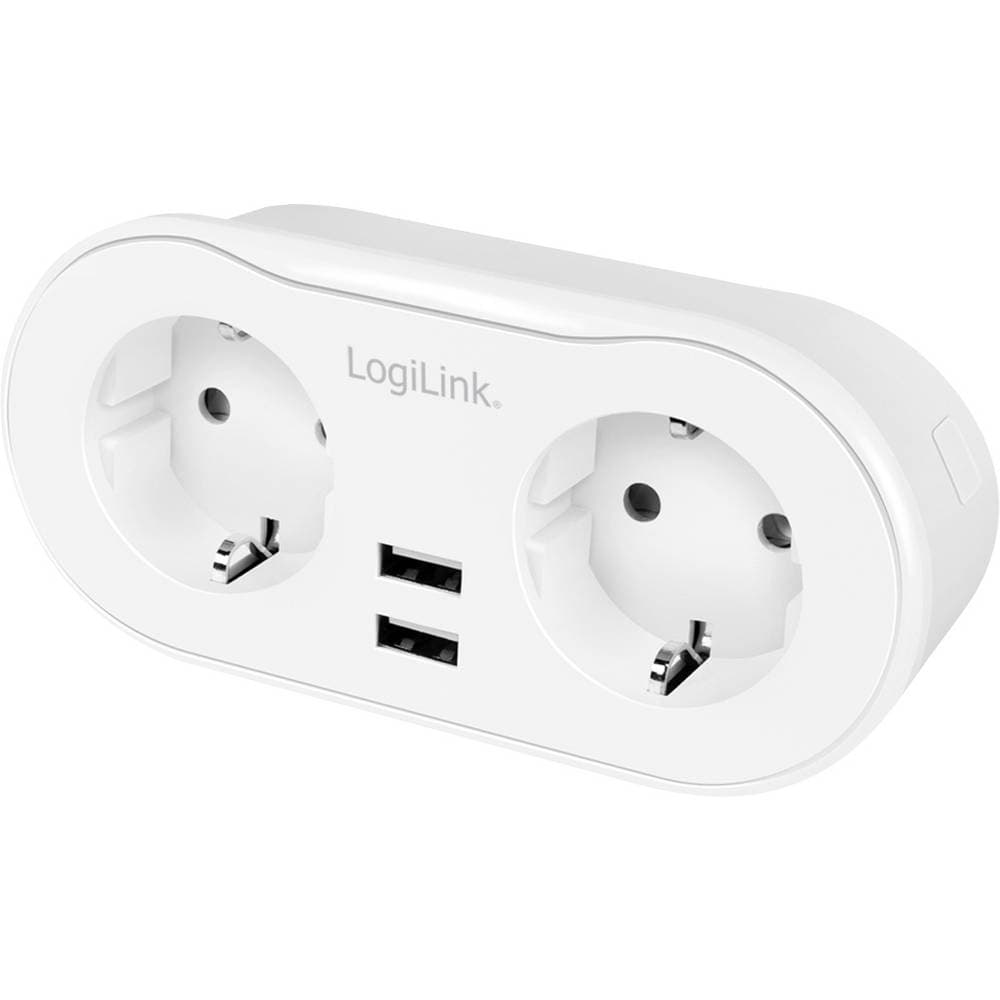 White LogiLink WiFi Smart Plug featuring two CEE 7/3 sockets and two USB-A ports, designed for Tuya compatibility, with a sleek, modern design.