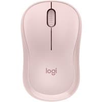 Pink Logitech wireless mouse with scroll wheel, ambidextrous design, and Bluetooth connectivity.