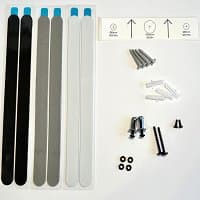 Logitech mounting kit with black, gray strips, screws, anchors, and alignment guide on white background.