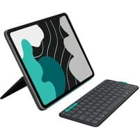 Graphite Logitech Flip Folio with Italian QWERTY Bluetooth keyboard, sleek stand, and modern abstract screen design.