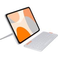 Light grey Logitech Flip Folio QWERTY Italian Bluetooth keyboard with stand, sleek design, orange accents.