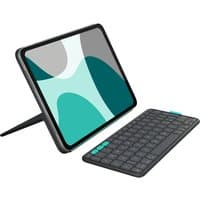 Graphite Logitech Flip Folio QWERTY Nordic Bluetooth keyboard with stand, sleek design, teal accent keys.