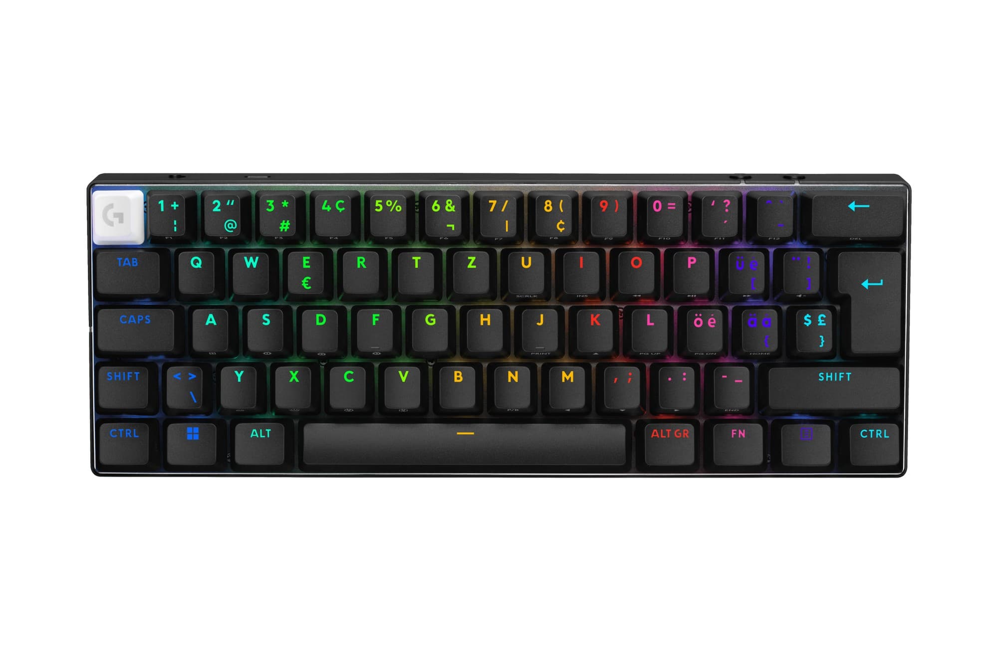 Compact black keyboard with RGB backlit keys, featuring a QWERTZ layout, wireless and Bluetooth connectivity, and a sleek design ideal for gaming.
