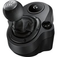 Black Logitech G Driving Force Shifter with leather knob, six-speed gear stick, and round base.