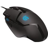 Black Logitech G Hyperion Fury G402 wired gaming mouse with blue logo, multiple buttons, and sleek ergonomic design.