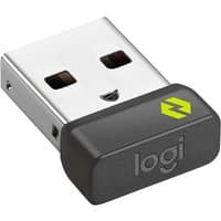 Logitech USB receiver with black casing, green logo, and silver connector for MX Keys for Business keyboard.