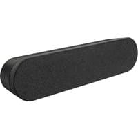 Black Logitech Rally Speaker with rounded edges and fabric front grille.