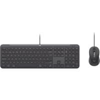 Black Logitech wired keyboard with numeric keypad and wired mouse, both featuring a sleek, slim design.