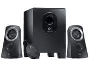 Logitech Z313 speaker system featuring two black satellite speakers with silver accents and a matching black subwoofer, including a control knob for volume adjustment.