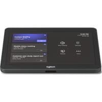 Black Logitech Tap Base Bundle with touchscreen interface displaying meeting options and time, Ethernet LAN connectivity.