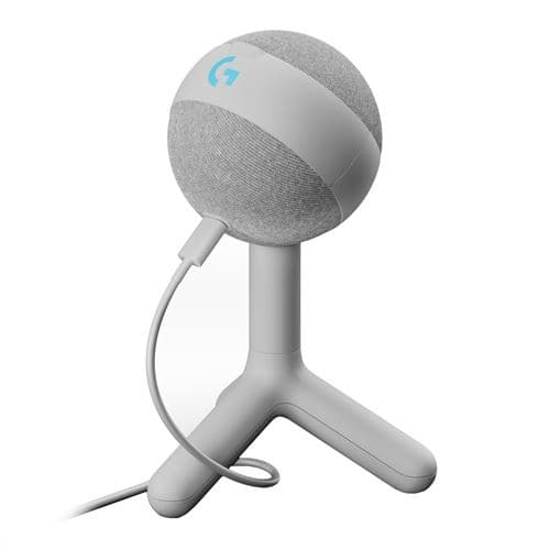 White Logitech G Yeti Orb condenser microphone with a textured gray top, LIGHTSYNC RGB feature, and a sturdy tripod stand, designed for streaming with a USB connection.