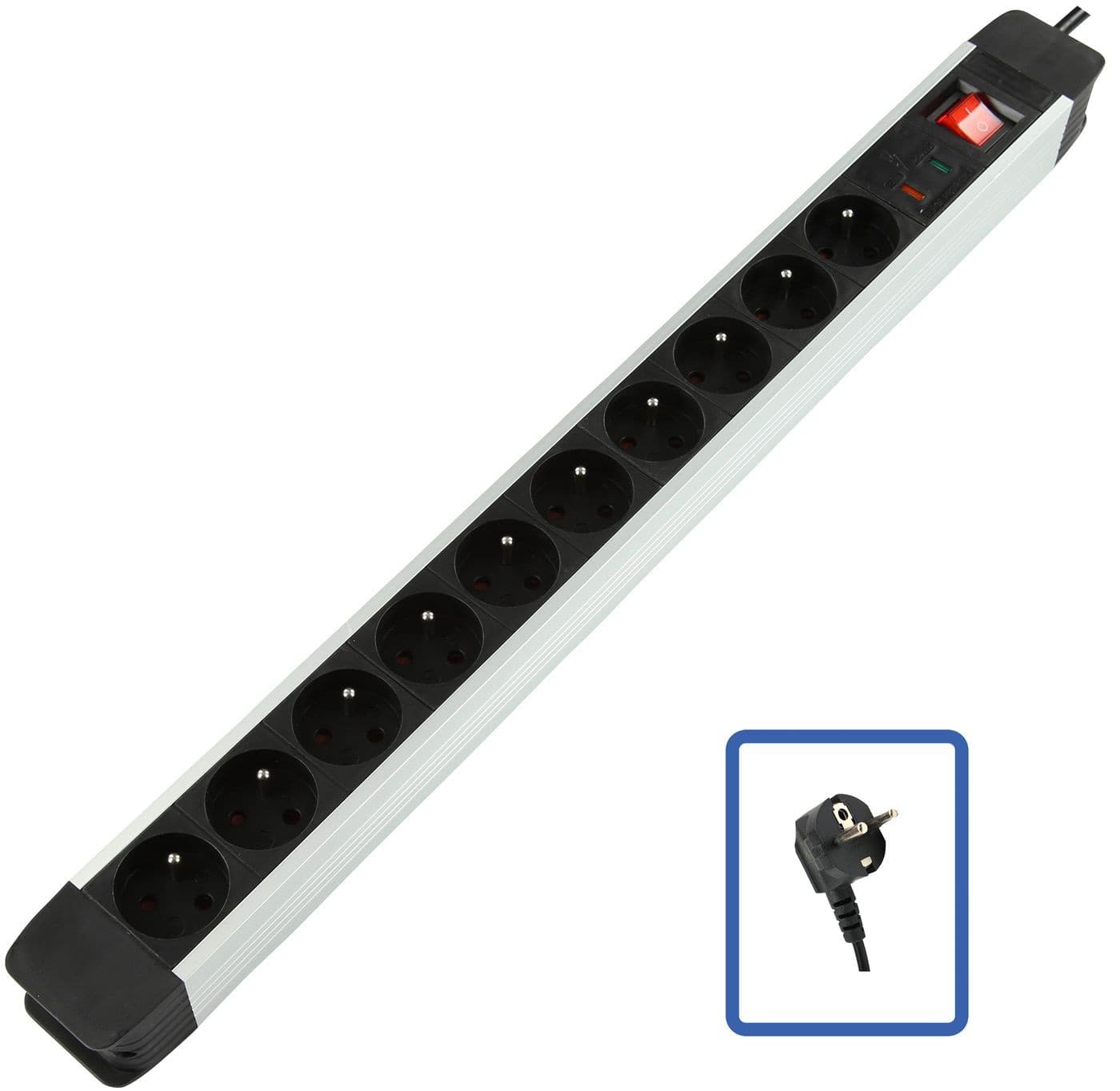 Logon Professional 10-way power strip with surge protection, featuring a sleek silver aluminum body, black rubber ends, and individual power sockets with a red power switch.