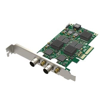 Green circuit board with multiple black chips and components, featuring two SDI input ports on a metallic bracket, designed for video capture applications.