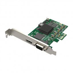 Green circuit board with a silver metal bracket, featuring an HDMI port and a DB-15 connector, showcasing various electronic components and a heat sink.