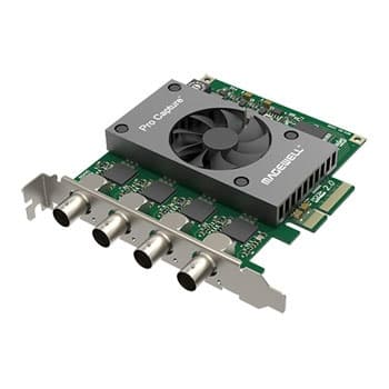 MAGEWELL Pro Capture Quad SDI features a green circuit board with a sleek black metal casing, four SDI input ports, and a cooling fan for optimal performance.