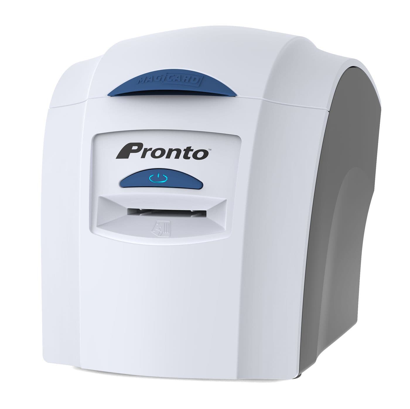 MAGICARD Pronto plastic card printer in white and gray, featuring a blue power button and a front slot for single-sided card printing.