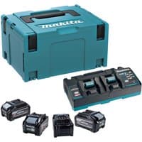 Makita 40v Max XGT kit with teal case, four black BL4040F batteries, and black twin charger.