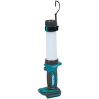 Makita flashlight in black, blue, and white with a cylindrical LED light and hook on top.