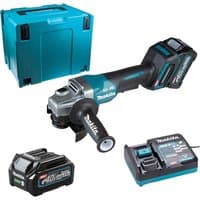 Makita cordless angle grinder with brushless motor, 115mm disc, teal accents, and 40v battery pack.