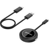 Black Manhattan 1080p Wireless HDMI kit with round transmitter and two cables, USB and HDMI connectors.