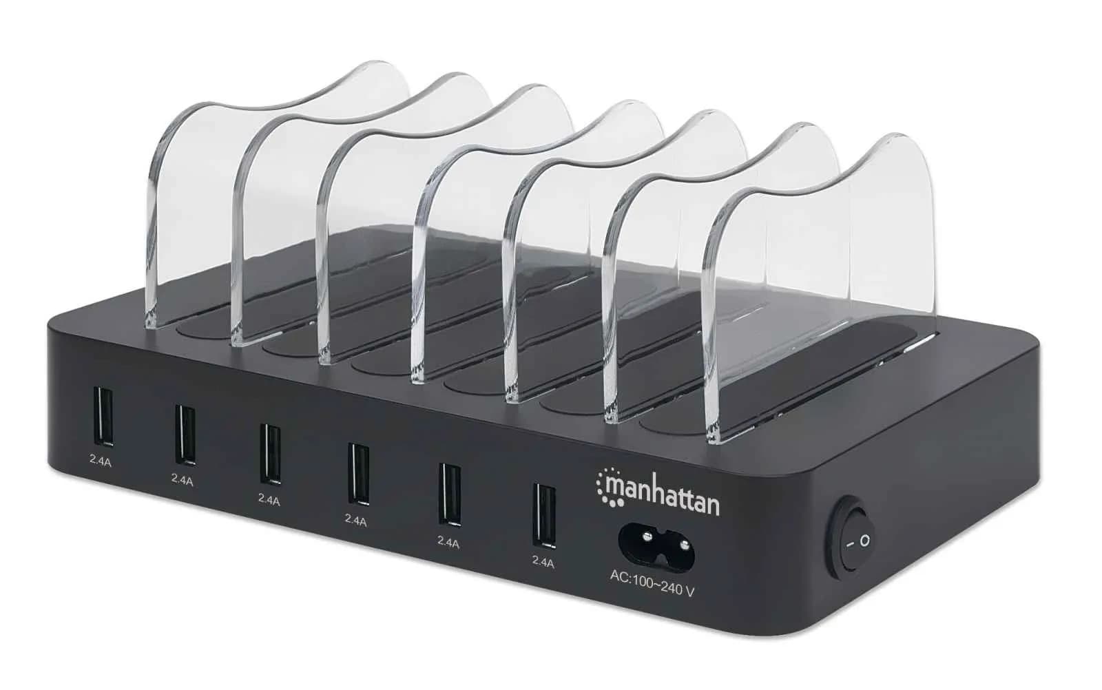 Black Manhattan Charging Station with six USB-A ports, each outputting 2.4A, featuring a clear plastic divider for organized device charging and a power switch.