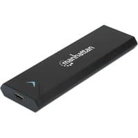 Black aluminum Manhattan M.2 NVMe SSD enclosure with USB-C port, angular edges, and logo on top.