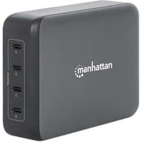 Black Manhattan USB-C charging station with four ports and white logo on side.