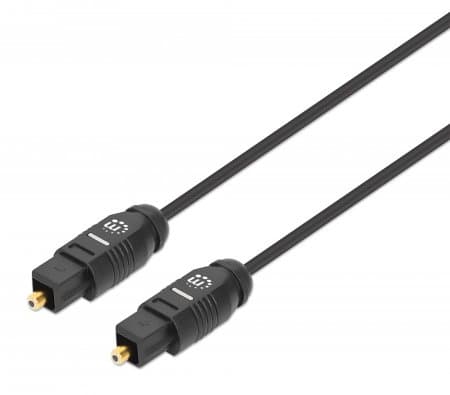 Black 1m Manhattan Toslink Digital Optical Audio Cable with male connectors on both ends, featuring a sturdy plastic casing and gold-plated tips for optimal audio transmission.