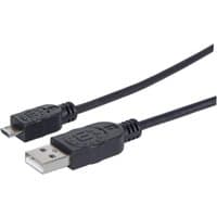 Black Manhattan USB-A to Micro-USB cable, 1.8m, male to male, 480 Mbps, USB 2.0, with textured connectors.