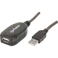 Black Manhattan USB-A to USB-A extension cable, 20m, with male and female connectors, built-in repeater, USB 2.0.