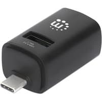 Black Manhattan USB-C 3-Port Hub, ultra-compact with three USB-A ports and a USB-C connector, logo on top.
