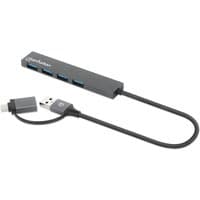 Black Manhattan USB-C & USB-A hub with 4 USB-A ports, 25cm cable, compact design, no external power needed.