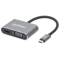 Space Grey Manhattan USB-C hub with HDMI, USB-A, USB-C, VGA ports, and attached USB-C cable, aluminum finish.