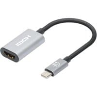 Black and silver Manhattan USB-C to HDMI cable, 11cm, supports 4K@60Hz, USB 3.2 Gen1, male to male connectors.