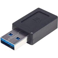 Black Manhattan USB-C to USB-A adapter, rectangular shape, USB 3.2 Gen2, SuperSpeed+ logo on top, compact design.