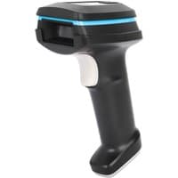 Black Manhattan wireless 2D barcode scanner with blue accent and ergonomic handle, 250mm scan depth.