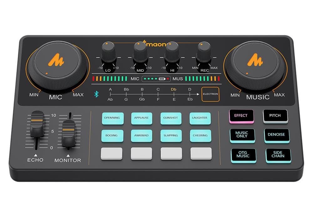 Compact black audio mixer with two large knobs for mic and music levels, multiple buttons for effects, Bluetooth connectivity, and a sleek design ideal for podcasting.