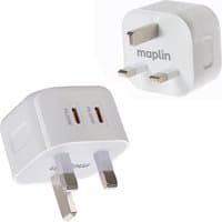 White Maplin 2 Port USB Wall Charger with dual USB-C ports, 20W high-speed charging, and UK plug design.