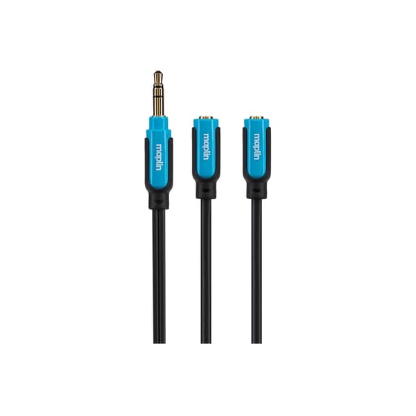 Black 3.5mm aux stereo cable with a single male TRS jack plug and two female jacks, featuring blue plastic connectors and gold-plated tips for enhanced audio quality.