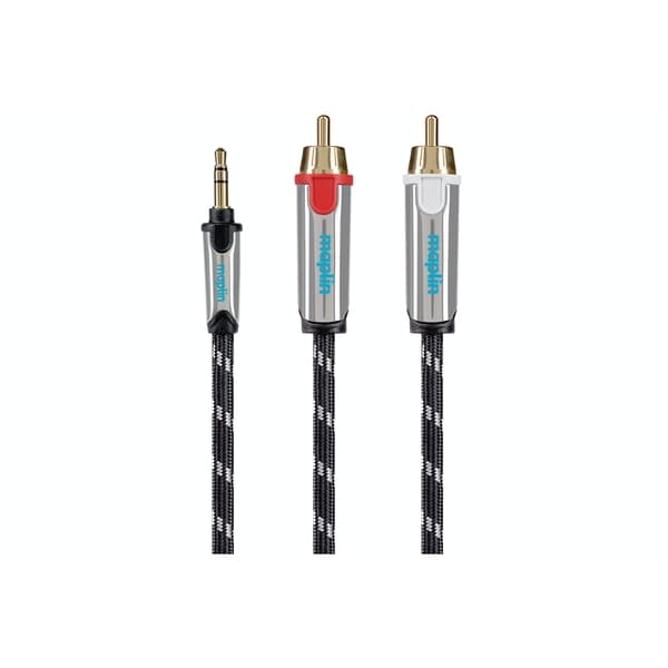 Braided black cable featuring a 3.5mm TRS jack plug on one end and twin RCA connectors (red and white) on the other, with metallic gold tips and a sleek design.