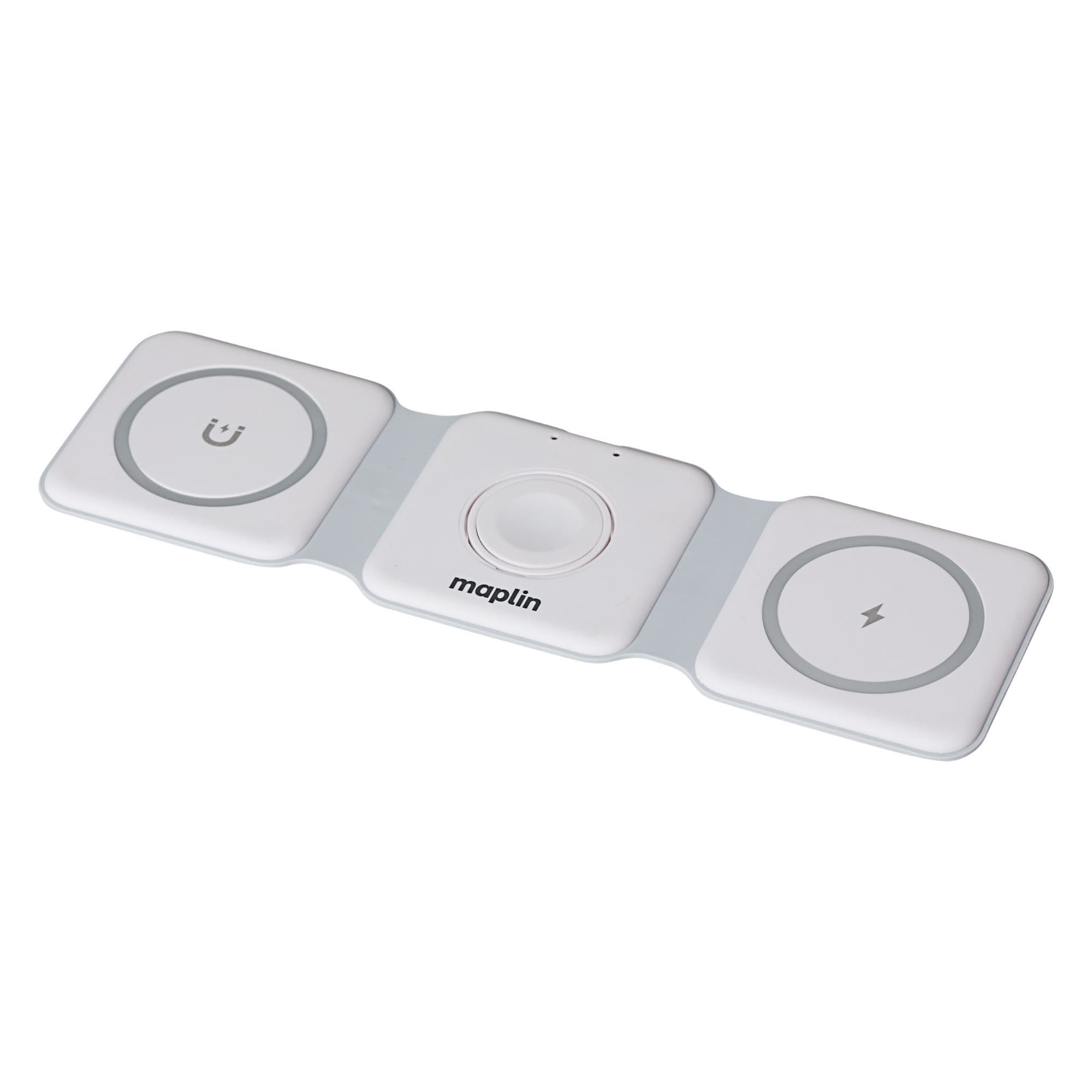 White, sleek 3-in-1 wireless charging mat with three circular charging pads for a phone, earbuds, and a watch, featuring a central power button and the Maplin logo.