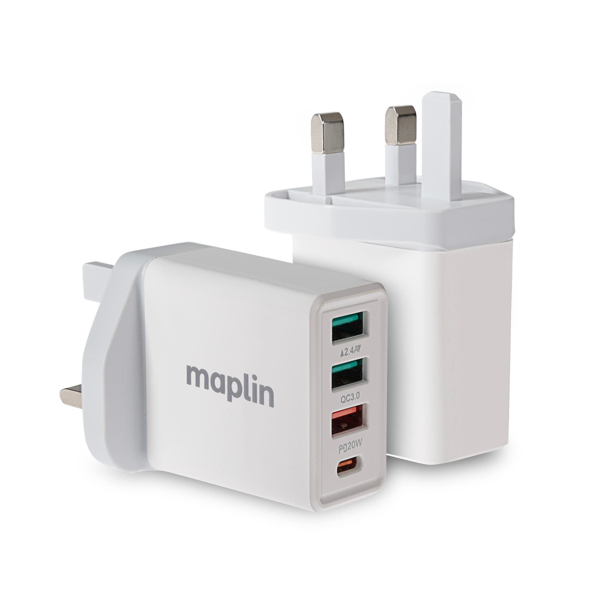 White Maplin 4-port USB charger featuring 3 USB-A ports and 1 USB-C port, with a compact design and UK plug, ideal for charging multiple devices simultaneously.