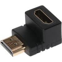 Black Maplin 90-degree HDMI adapter with male to female connectors, gold-plated tips, and compact design.